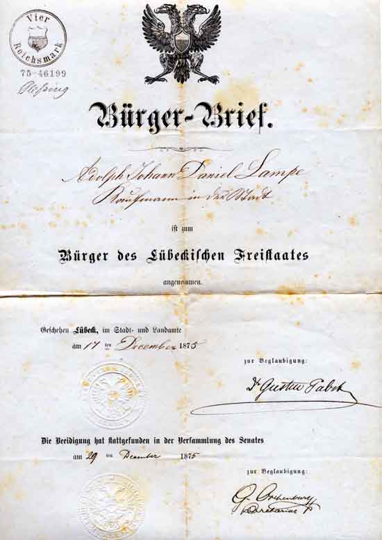 Adolf Lampes Bürgerbrief aus Lübeck 1875
