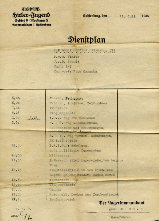 Dienstplan eines Hitlerjugend-Lagers