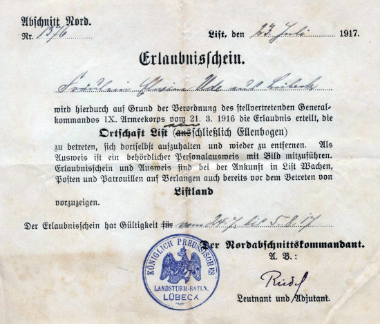 Erlaubnisschein zum Betreten des Listlands im 1. Weltkrieg.